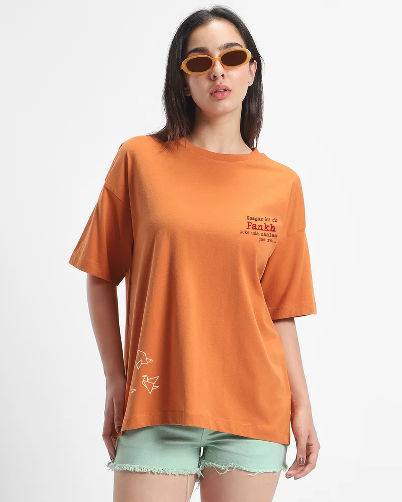 bewakoof Women's Caramel Orange Pankh Graphic Printed Oversized T-shirt